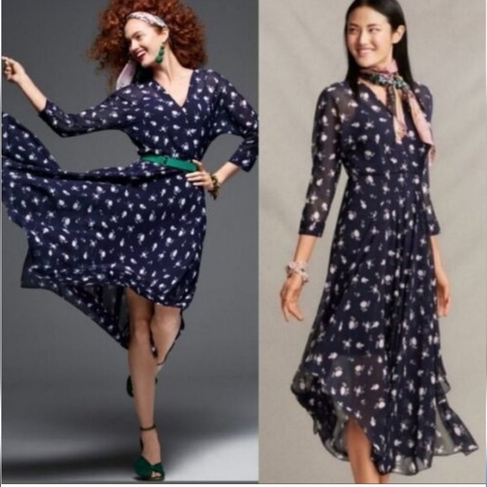 𝅺CABI Navy Dream Floral V-neck Sheer Pemberley Print Floral Midi Dress Size 4